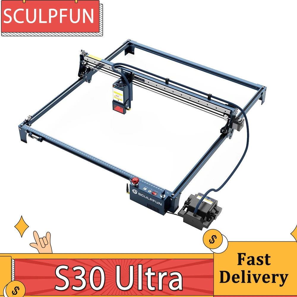 SCULPFUN-cortador láser S30 Ultra de 33W, máquina de grabado de 32 bits de placa base asistida por aire, área de grabado de 600x600mm