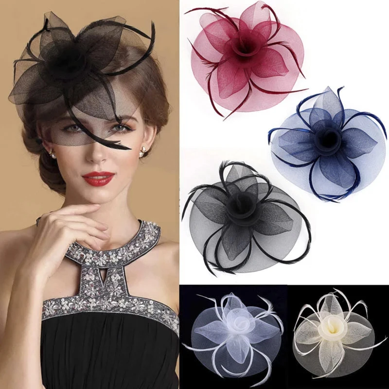 1PC New Fashion Women Flower Hair Clip Bow Headwear Veil Lace Feathers Small Mini Top Hat Wedding Cocktail Tea Party Accessories