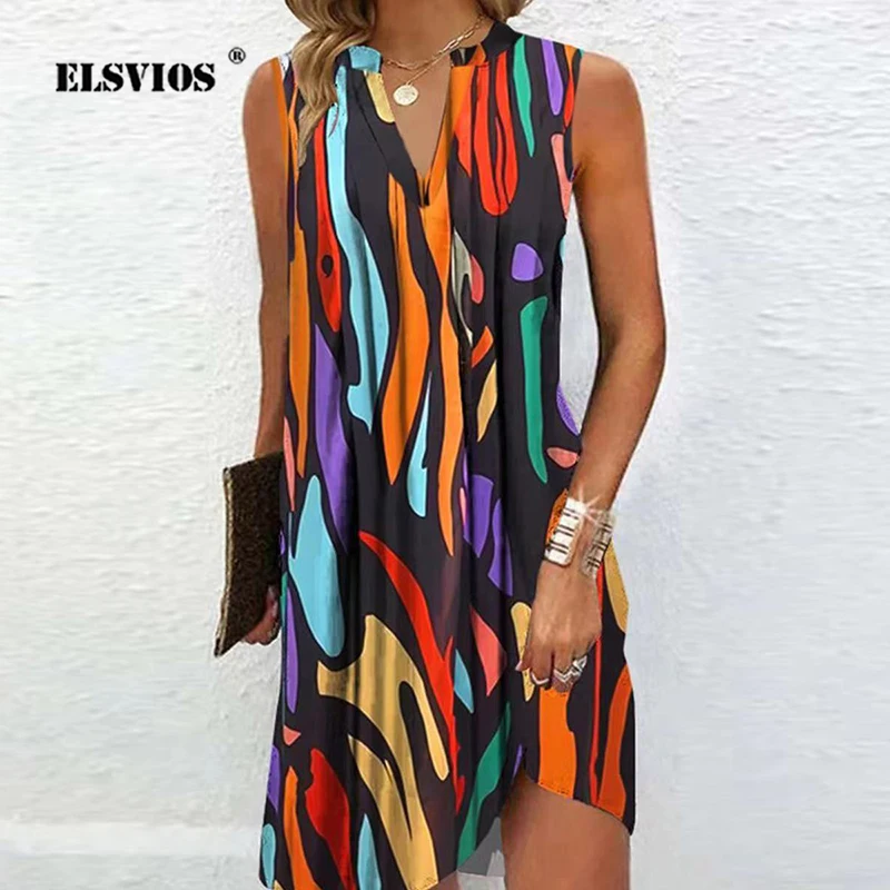 

Женское летнее платье без рукавов с V-образным вырезом и принтом