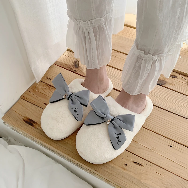 

Women Winter Warm Home Slippers With Bow Indoor Shoes Faux Fur Furry Slippers For Girls Soft Hairy Slides Bedroom Slipper Shoes