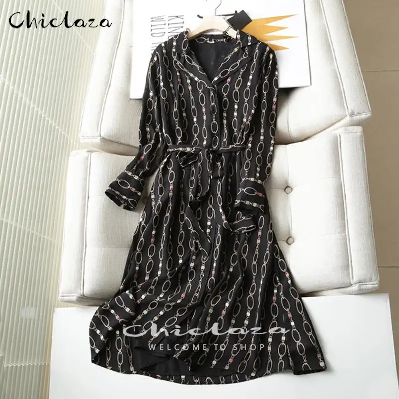 

CHICLAZA 2022 Spring Summer Women Fashion Long Sleeve Chain Print Midi Dress Female Single-breasted Belt Casual Dresses