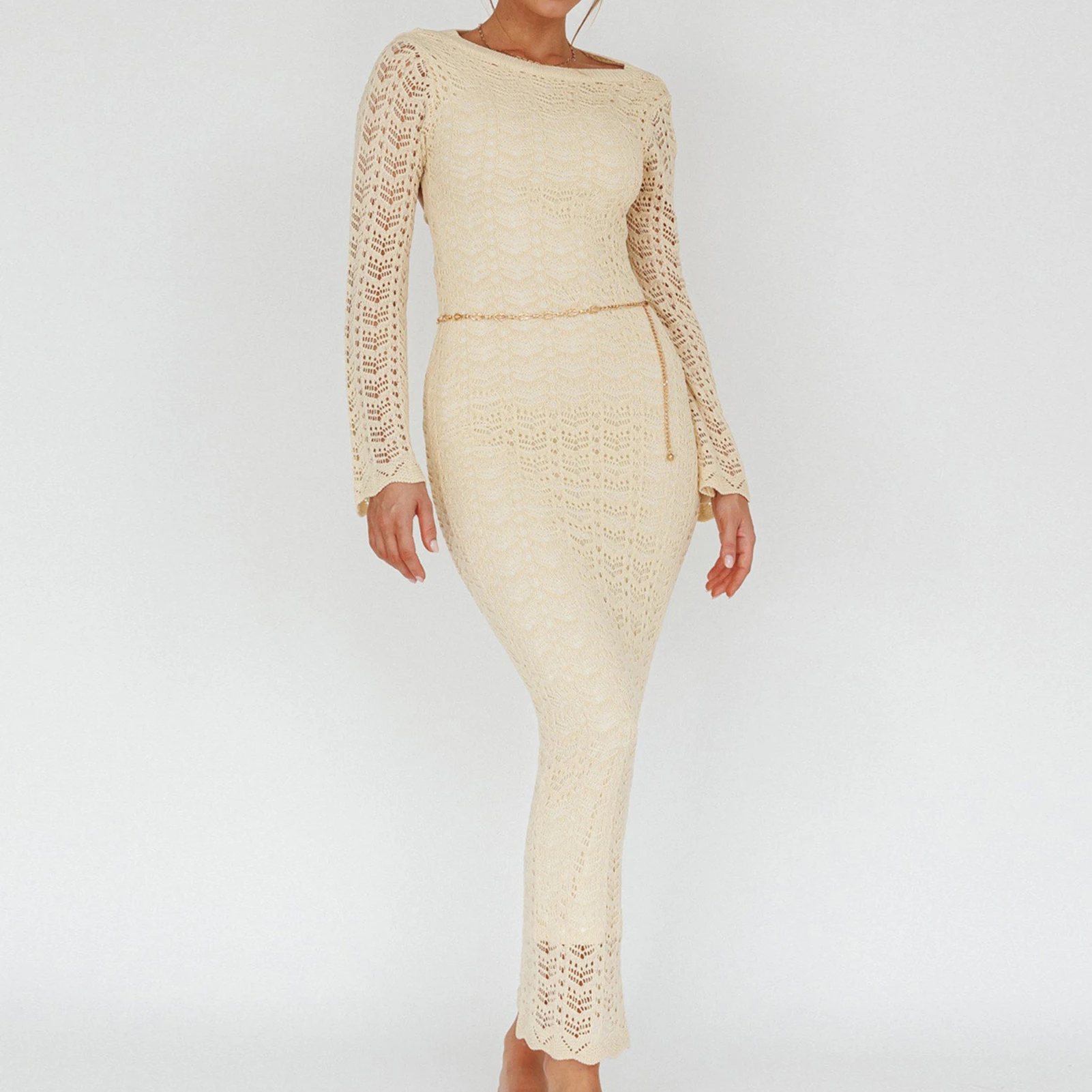 

Women Long Sleeve Dress Elegant Backless Maix Dress Solid Color Elastic Stylish Evening Long Dress