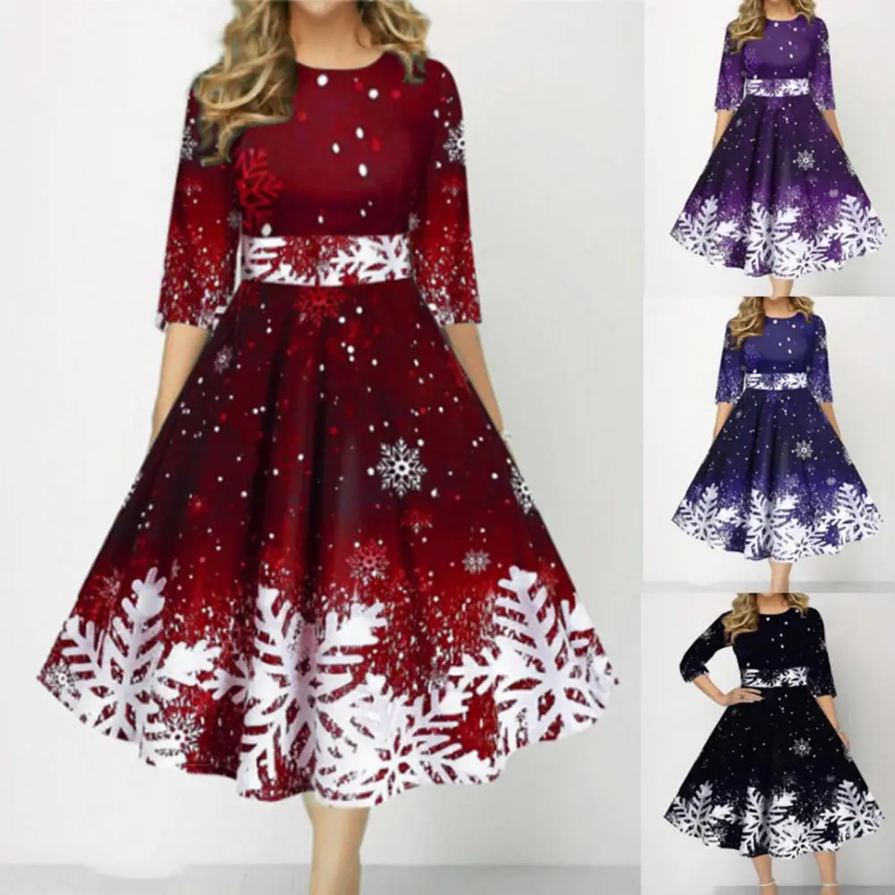 

M-5XL Christmas Party Dress O-Neck 3/4 Sleeves Waist Tight High-Waist Xmas Snowflake Print Large Hem A-Line Midi Dress vestidos