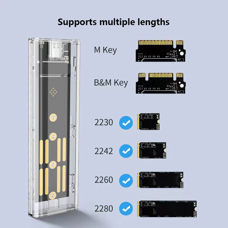 Корпус M.2 NVME поддерживает PCIe/NGFF SATA/двухпротокол SSD USB Type C 10 Гбит/с M2 Прозрачный