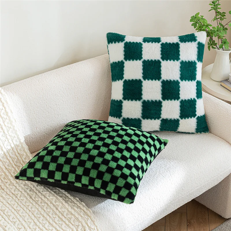 

Square Lattice Cushion Cover Green Black Chessboard Plush Pillow Cover Decorative Pillows 45*45cm Geometric Sofa Case Chair Seat