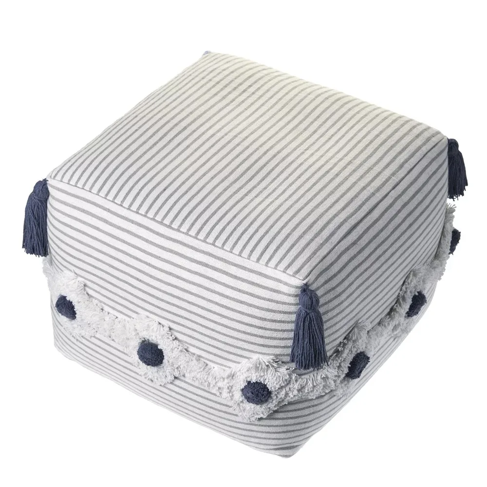 

Birch Harbor Gray and White Striped Hand-Woven Organic Cotton Ottoman Pouf Step Stool