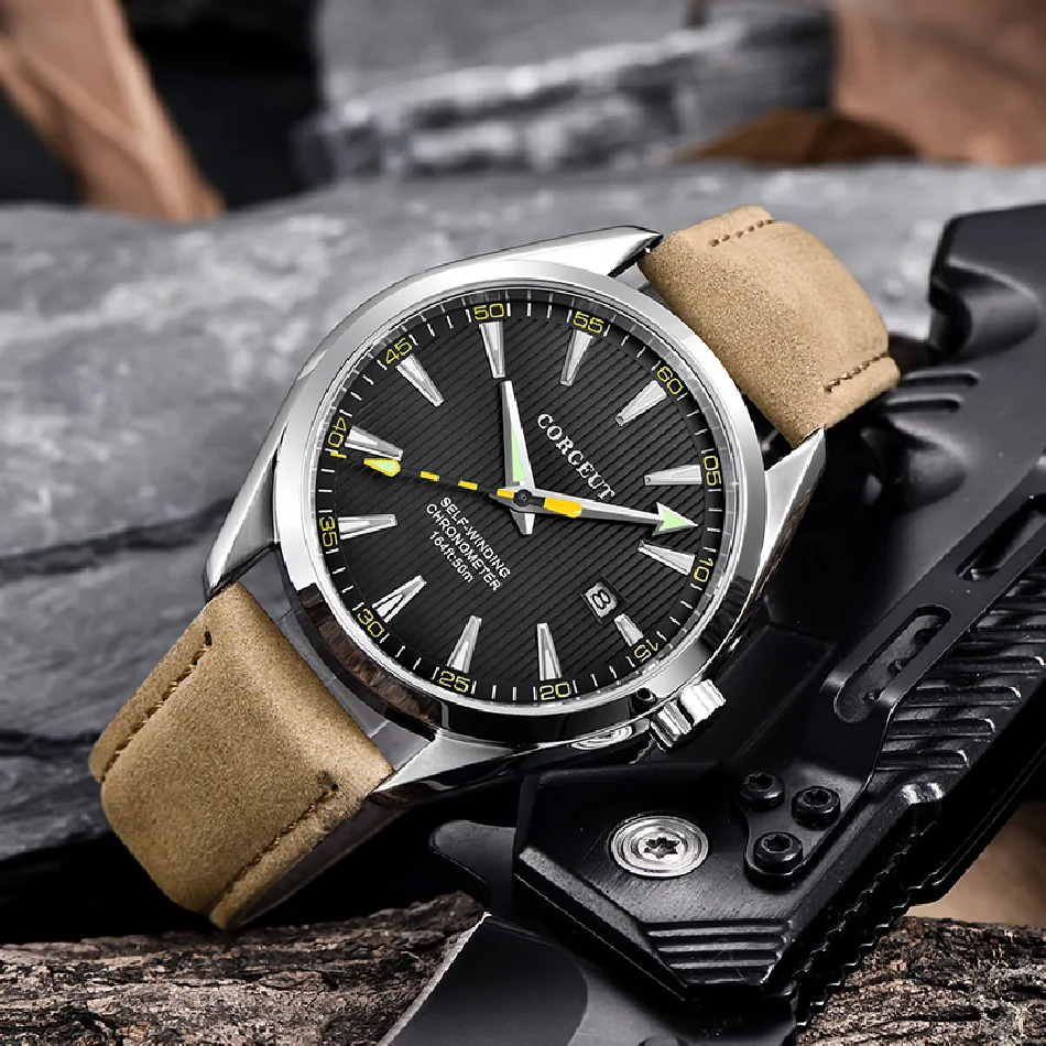 

Corgeut 41mm Men Clock Luxury Brand Leather Calendar Automatic Relogio Masculino Black Dial Sapphire Glass Men's Watch