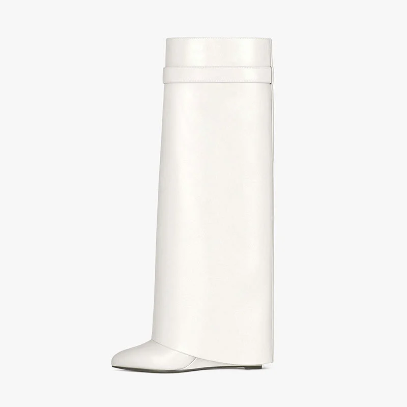 Luxury Women High Knee Boots Shark Lock Thick Platform Wedges Female Leather Long Boots High Heels High Quality Ladies Shoes