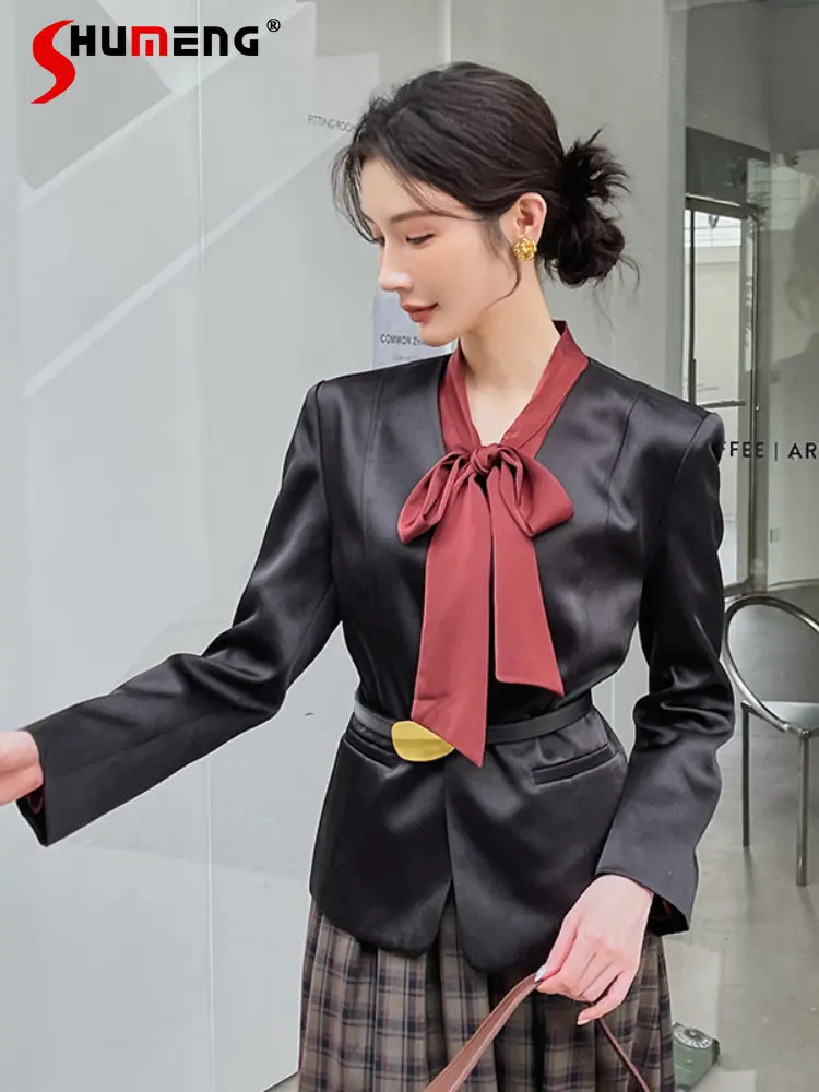 Temperament Short Suit Blazer Women 2022 Autumn New Women's Commute Long Sleeve Slim Waist Black Coat Office Ladies with Belt