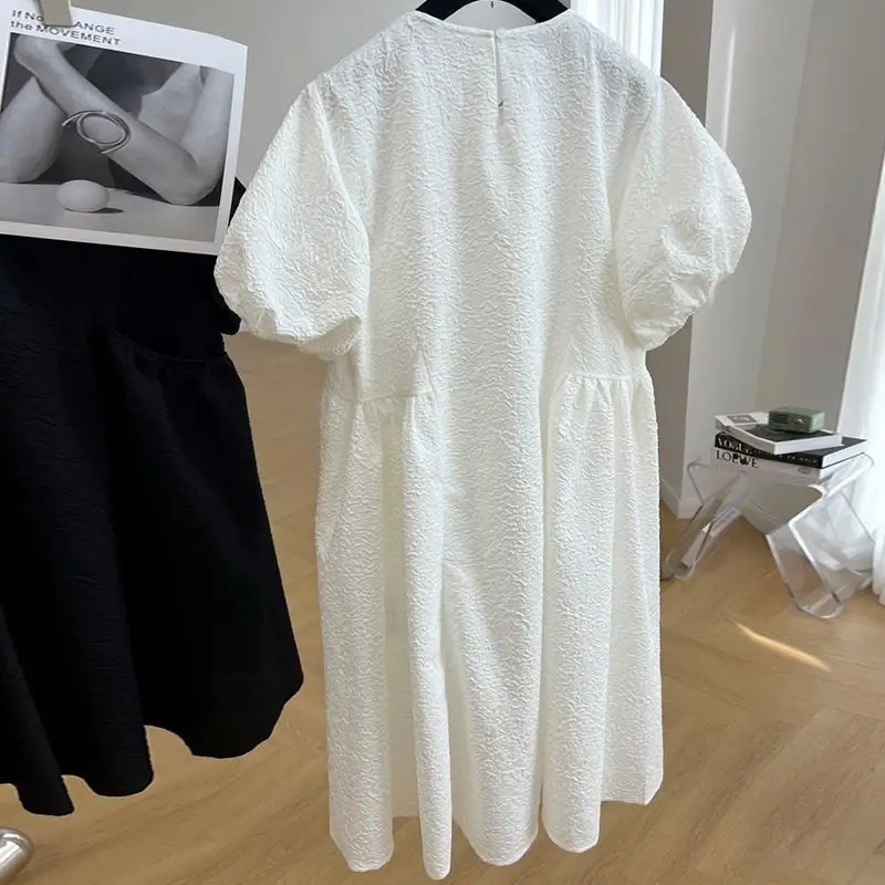 Платье женское свободное жаккардовое с коротким рукавом-фонариком