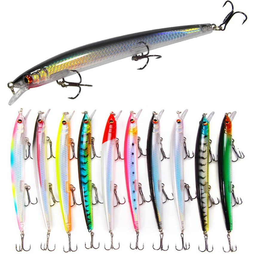 Best Selling 10pcs 130mm 15.4g Big Long Fish Minnow Sea Fishing Lure Bait 3D Eyes Strong Hooks Lures for Sea Fishing