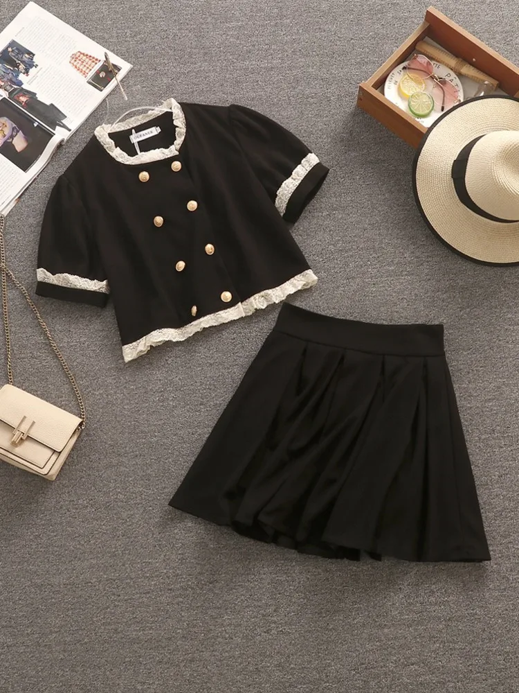 

Korean Fashion Vintage Small Fragrance Two Piece Set Women Pull Sleeve Shirt Blouse Top & Skirt Sets Ladies Summer 2 Piece Suits