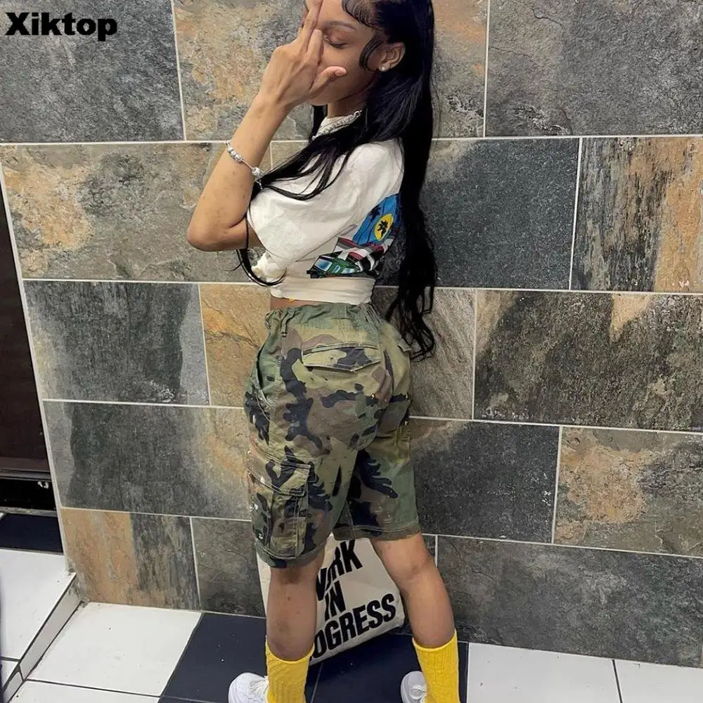 Xiktop Women Cargo Shorts Pants Camouflage Army Green Half Long Sexy Pockets Loose Summer Streetwear Outfits Shorts Wholesale