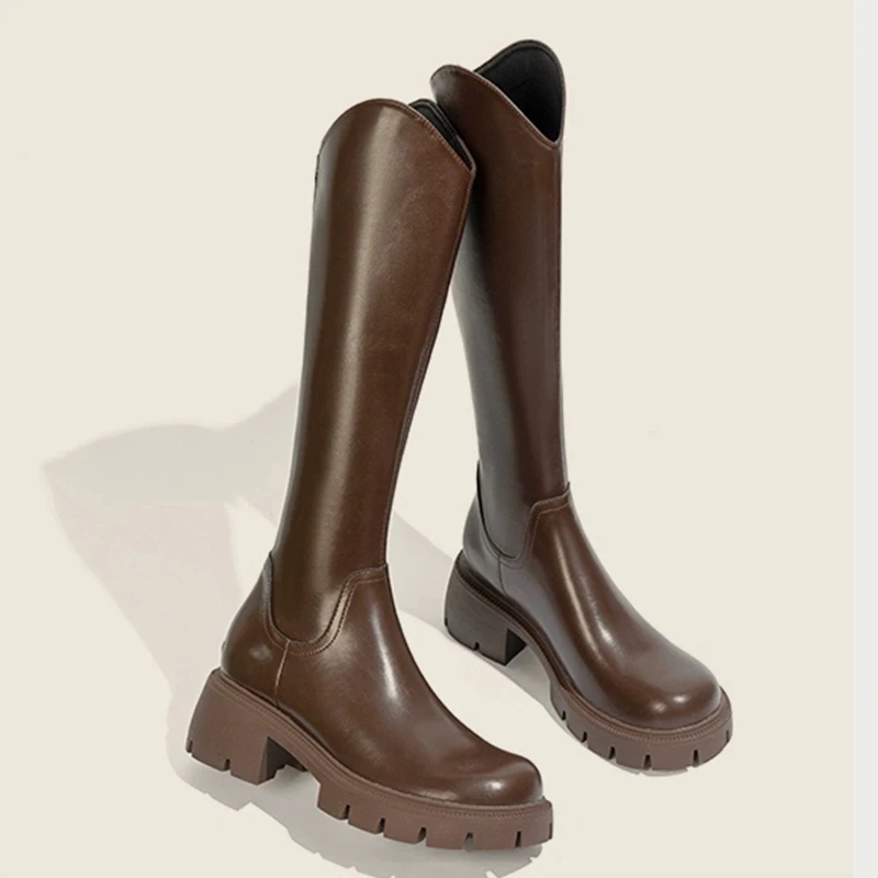 Ботинки-трубки женские с V-образным вырезом длинные коричневые грубые для