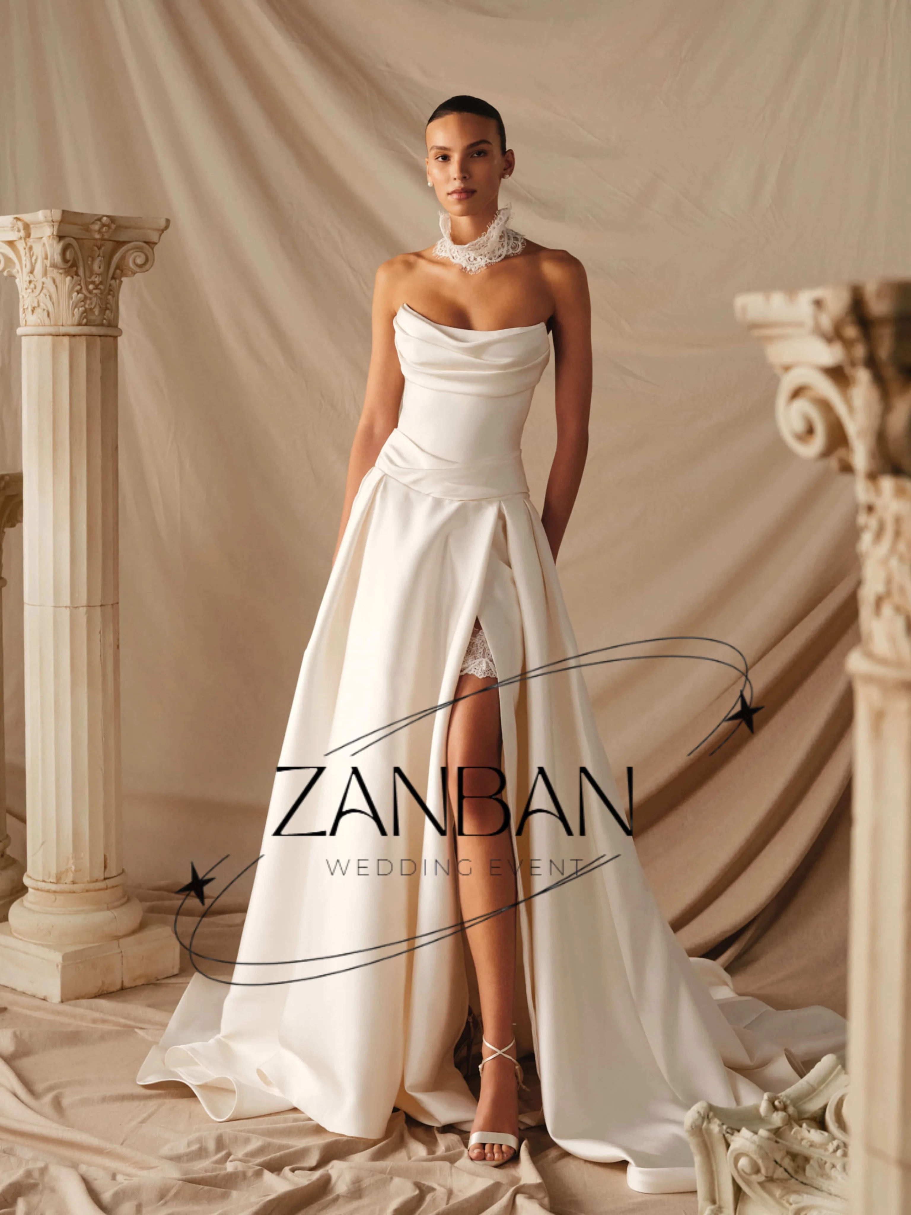 Фото Свадебное платье ZanBan Modern Satin: новое, без бретелек, с высоким разрезом, шлейфом-чапел, на заказ №1
