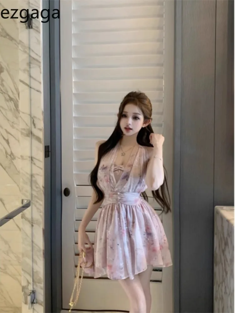 gaga kobieca sukienka seksowna z kwiatowym nadrukiem bez rękawów wiązana na szyi w stylu vintage słodka letnia moda wakacyjna elegancka mini