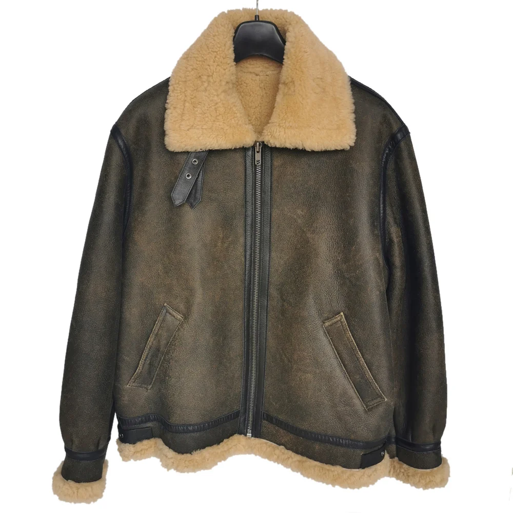 

Thick Brown Cracking Leather Shearling Coat Men 100% Natural Sheepskin Fur Coat Winter Man Leather Coat Warm Clothing M372