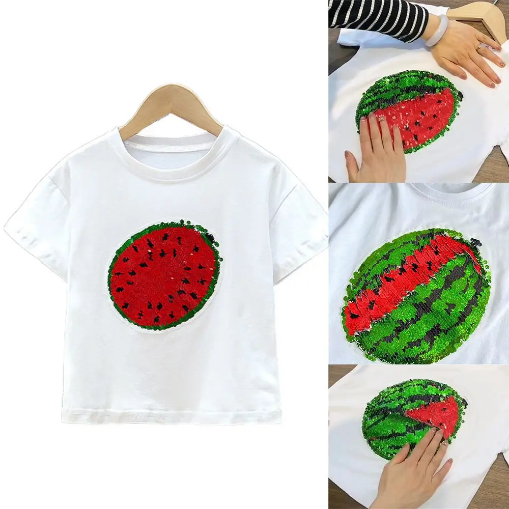 

Reversible Color Cartoon Half Sleeve Changeable Cotton Children's Clothing Watermelon Sequins T-shirt Short Sleeves