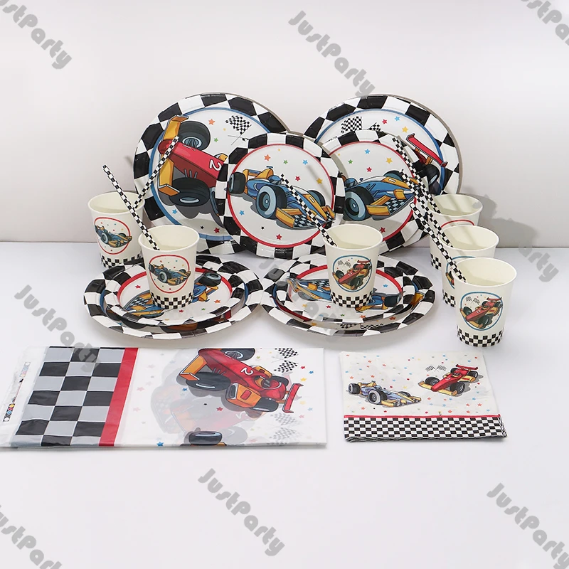 

2022 Racing Themed Boys Birthday Party Disposable Cutlery Race Car Flag Balloons Paper Box Happy Birthday Banner Plate Napkin