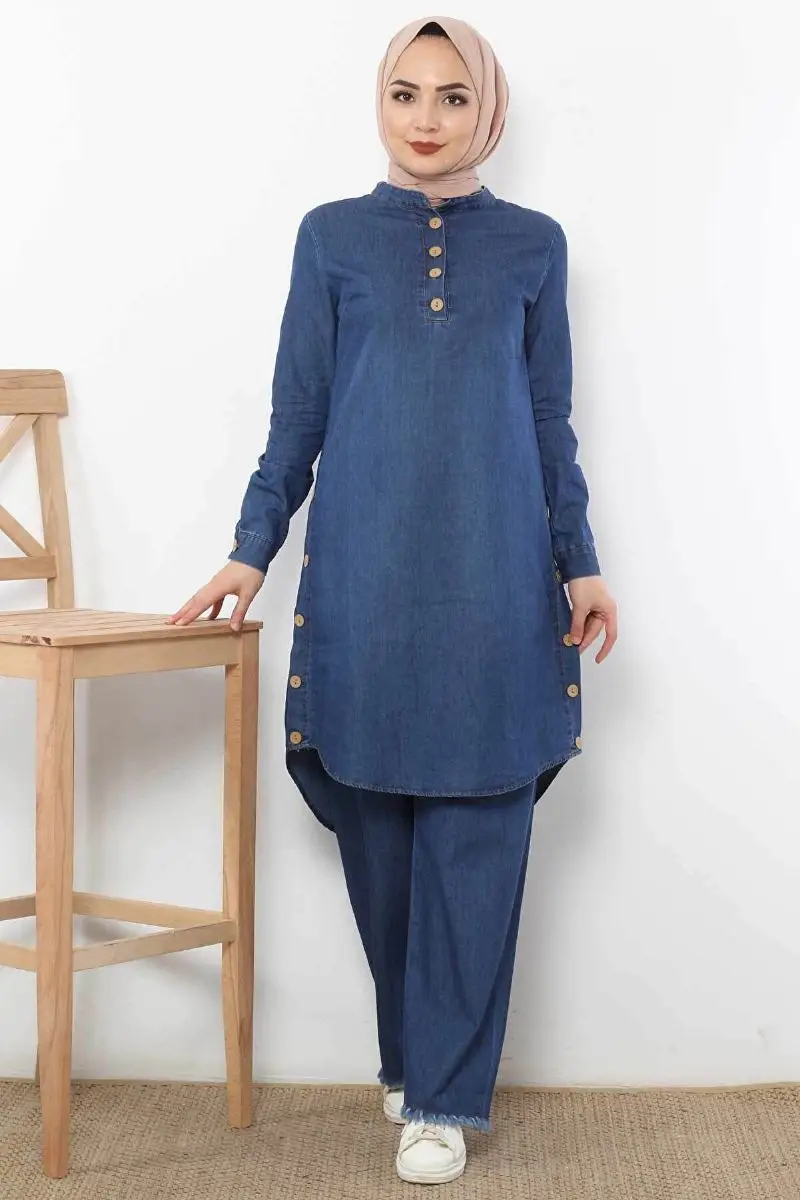 

Джинсовая туника на пуговицах, брюки, костюм, синий хиджаб, туника, брюки, костюм