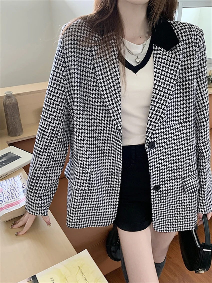 

HziriP M-L Houndstooth Coats Retro Women Autumn Hot Sale Full Sleeve 2022 Casual Elegant Office Lady Streetwear Chic Blazers