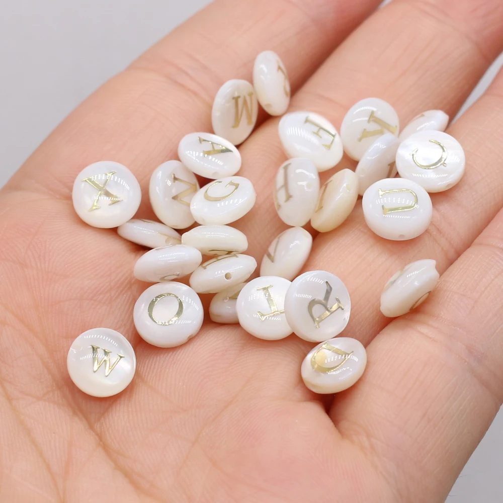 50 PCS Natural Shell Round Name Letter Holes Beads 8x8mm for DIY Jewelry Making Necklace Bracelet Gift Accessories Gift