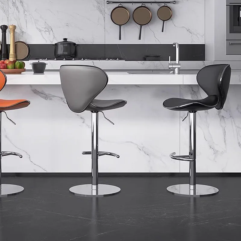 Кожаный стильный барный стул стальной серебристый регулируемый металлический