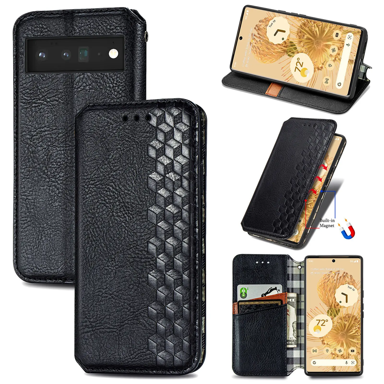 

Rhombus Imprint Magnetic PU Leather Wallet Stand Flip Case for Google Pixel 7 6 6A Pro 5A 5G Case Cover