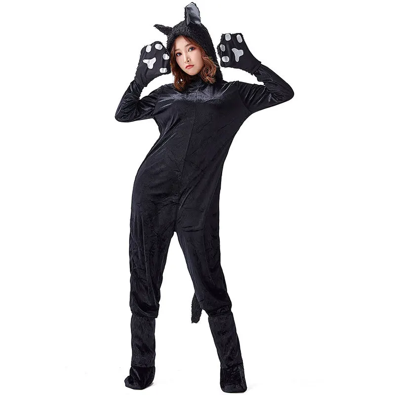 

Adult Men Women Animal Black Cat Jumpsuit Gloves Hat Set Halloween Cosplay Costumes Performance Role Play Outfit