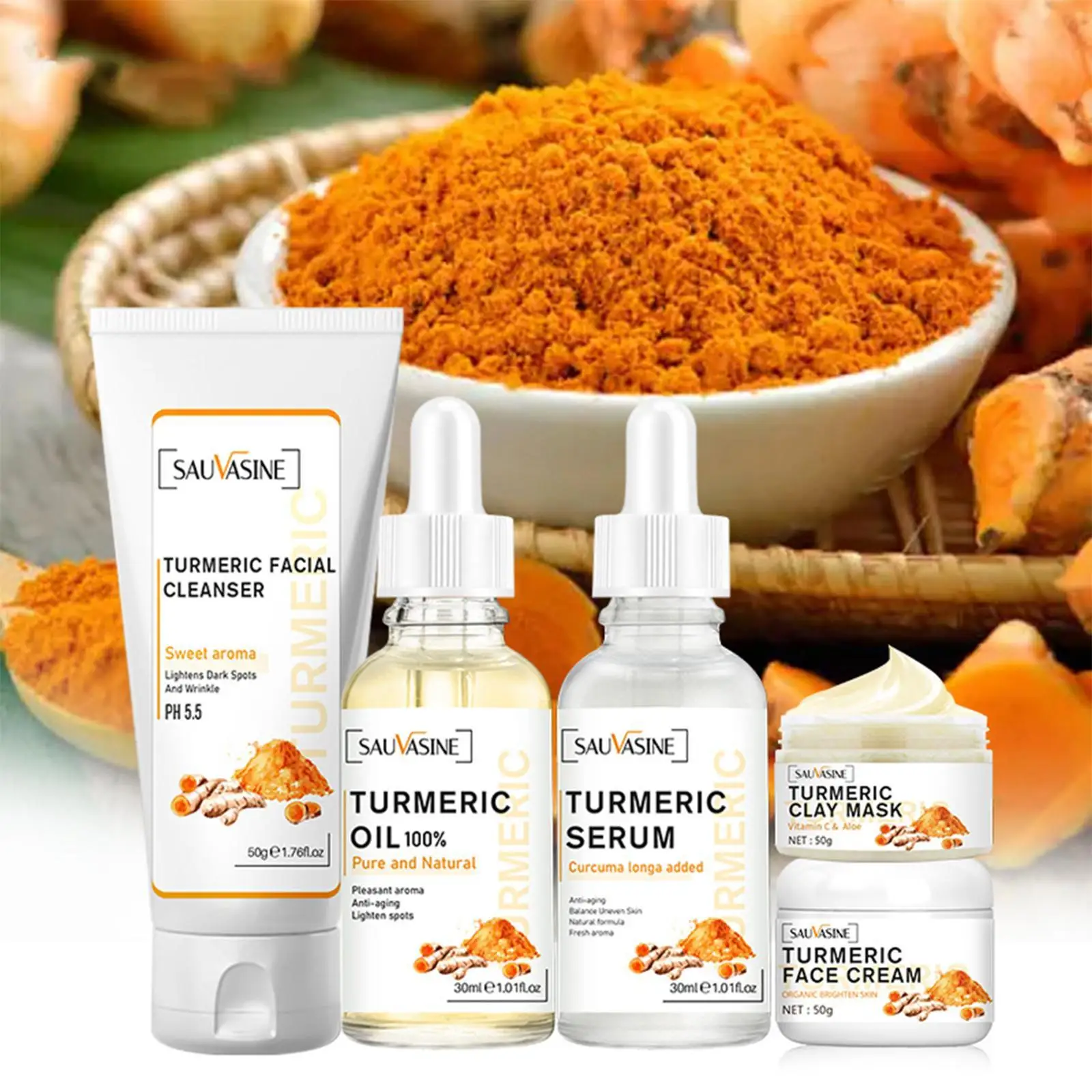 

5PCS Turmeric lemon Skin Care Set Acne Dark Spot Remover Whitening Brighten Facial Kit Face Cream Cleanser Serum Oil Cosmetics