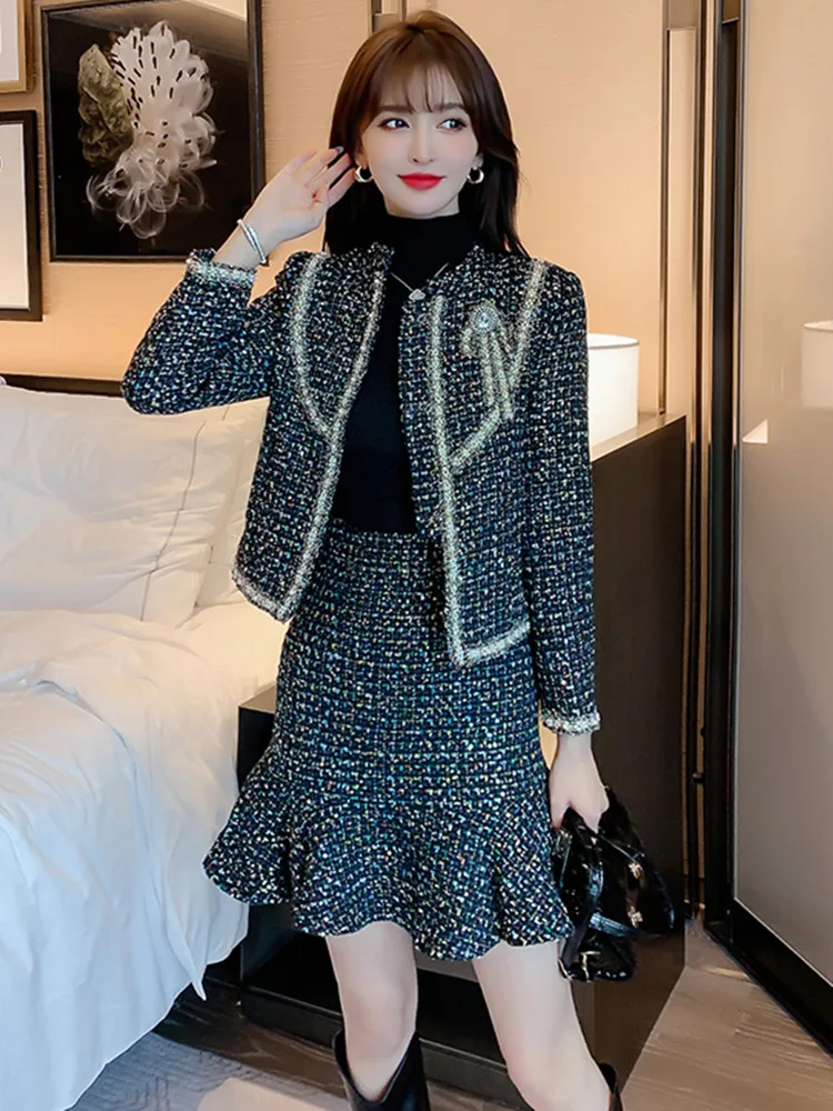 

Женский твидовый костюм с юбкой-годе, комплект из двух предметов, жакет с отделкой бисером и юбка мини, Осень-зима 2023