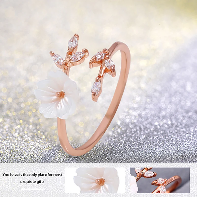 

White Zircon Cherry Blossom Branches Shell Flowers Open Rings Women's Ring Adjustable Exquisite Jewelry Valentine's Day Gifts