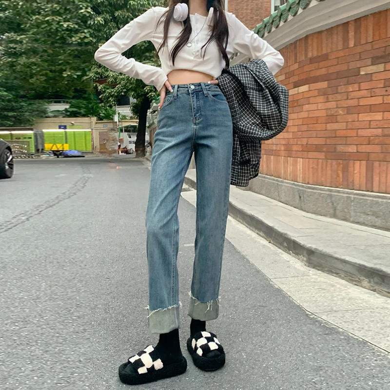 

Women Jeans High Waist Leisure Denim Trousers Wide Leg Denim Clothing Blue 2022 Vintage Quality Fashion Loose Straight Pants