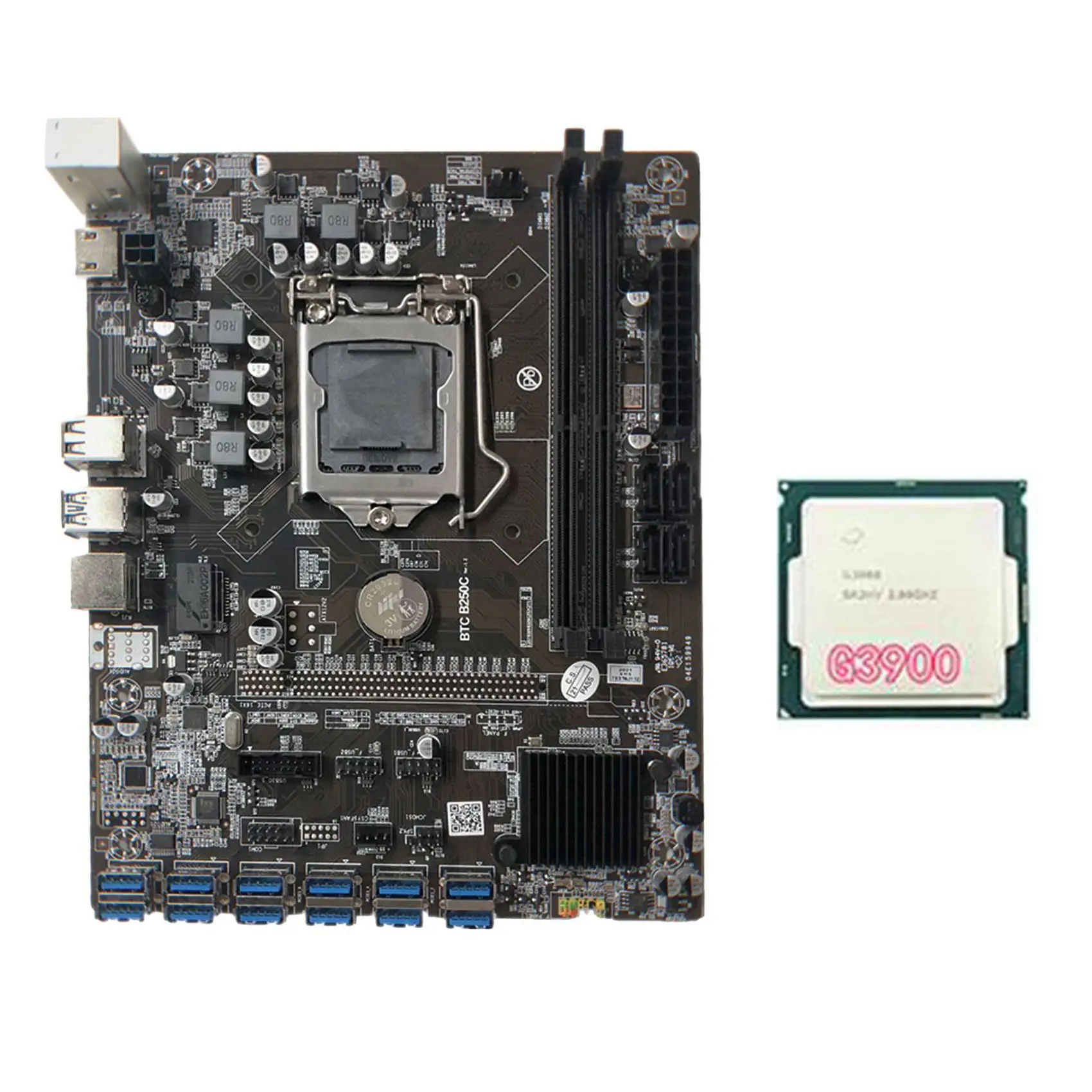 

B250C BTC Mining Motherboard with G3900 CPU 12XPCIE to USB3.0 Graphics Card Slot LGA1151 Supports DDR4 DIMM RAM for BTC