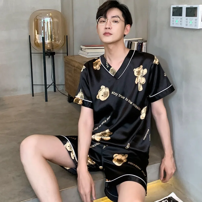 Ice Silk Pajamas V-neck Pullover Summer Short-sleeved Thin Silk Men's Casual Large Size Homewear Suit Sexy Sleepwear Men