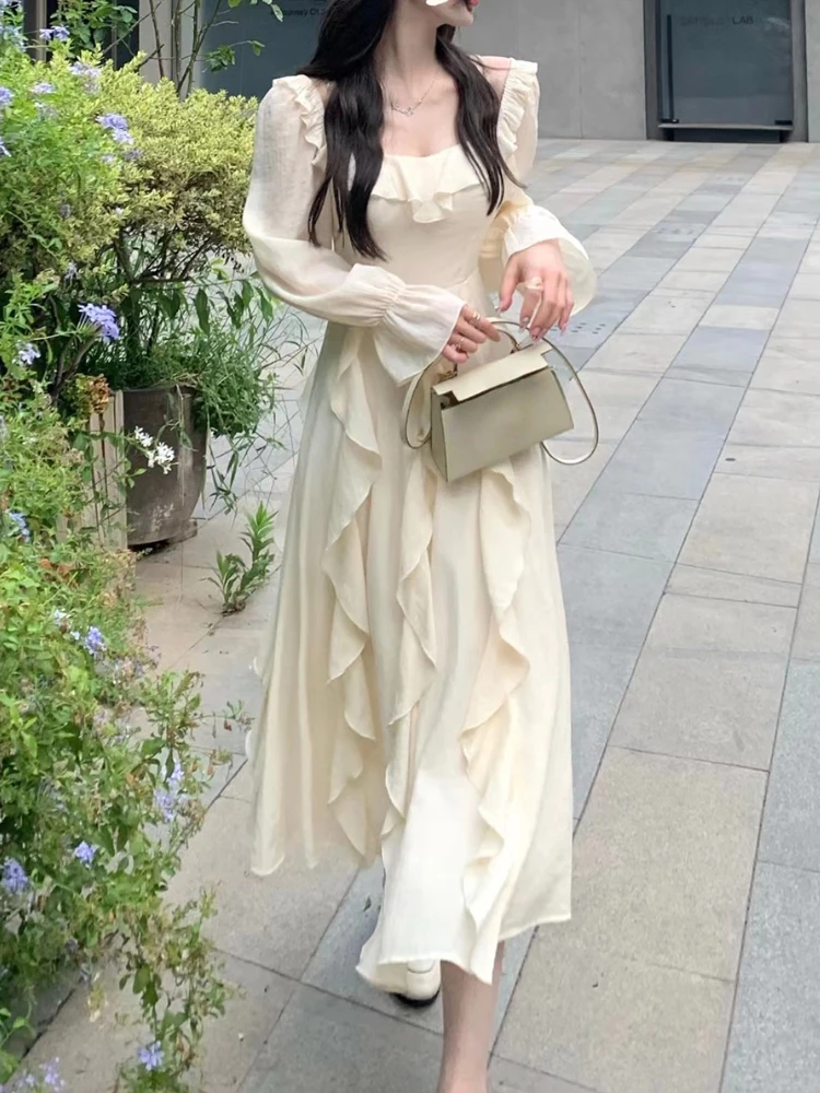 

2022 Summer Fairy Pure Color Midi Dress Woman Beach Style Long Sleeve Elegant Dress Casual Party Korean Fashion Dress Design