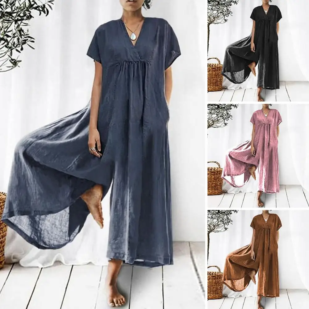 Women Jumpsuit Loose Solid Color Short Sleeves V-neck Ruched Cotton Linen Women Elegant Summer Wide Leg Rompers Daily Wear