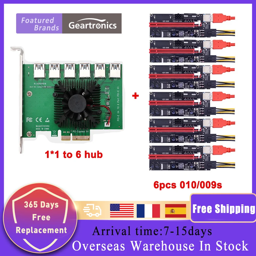 

6 шт., Райзер-карта PCI-E Express с 4 до 16x USB 3,0, 010, 009S, PCIE с 1 до 6, 4 слота, PCIe порт, карта-усилитель для майнинга биткоинов