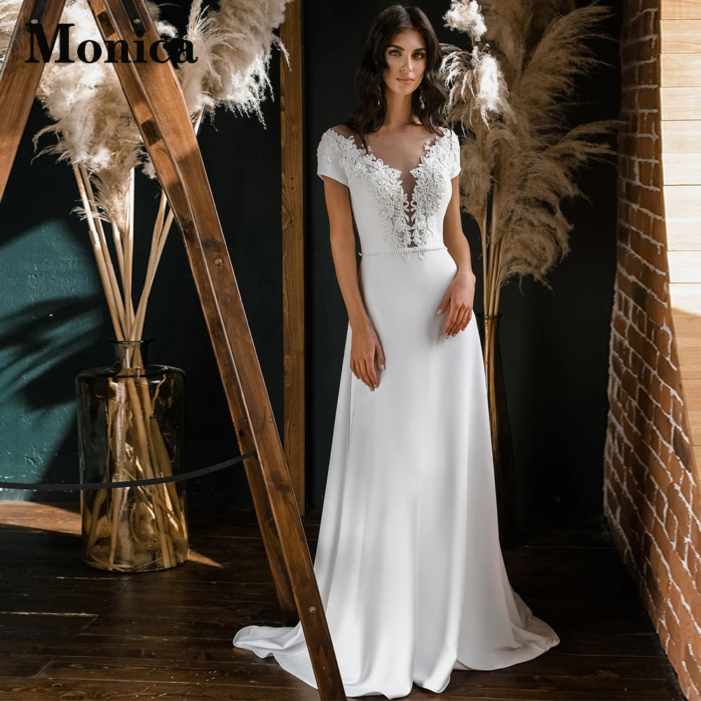 

MONICA Stylish Simple Deep V-Neck Stain Sleeveless Wedding Dresses For Mariages Personalised Robe De Soirée De Mariage Appliques