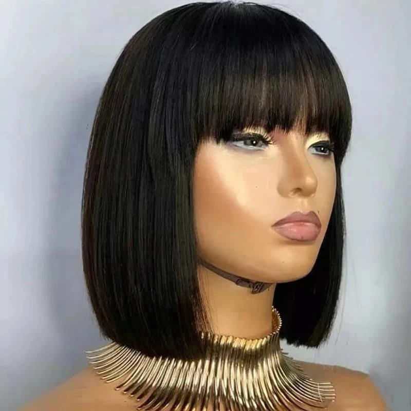 

Straight Bob Human Hair Wigs With Bang Full Machine Made Wigs Brazilian Remy Human Hair Bob Wigs For Black Woman 10 12 inch