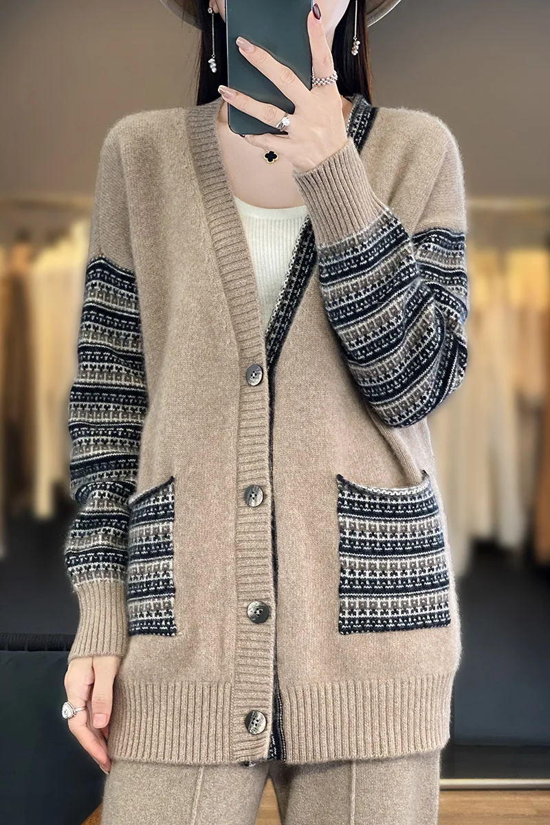 

100% Merino Wool Sweater Cardigan Traf Official 2023 Autumn And Winter New Women's Clothing Thickened Long Color Matching Top