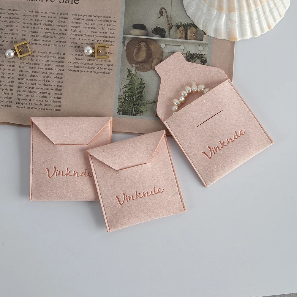 50 Pack Suede Flap Jewelry Pouches Custom Logo Thick Microfiber  Earrings Necklace Ring Packaging Organizer Gift Bags For Women