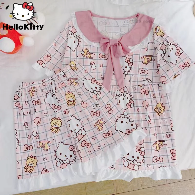 Sanrio Hello Kitty Pajamas Summer Cute Cartoon Pattern Nightwear Japanese Soft Girl Lace With Sweet Bow Home Clothes Women Y2k
