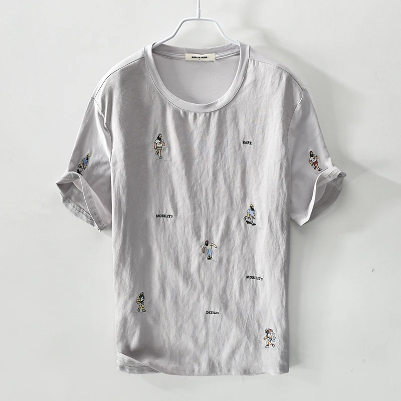 Вышитая итальянская брендовая футболка с короткими рукавами мужская серая