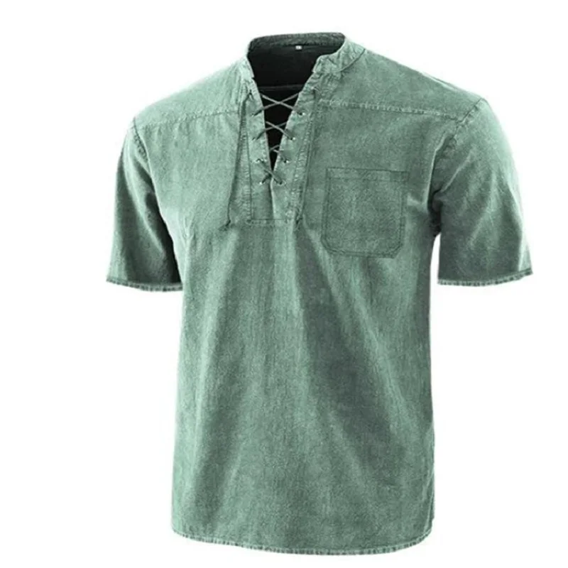 EUOW 2022 Fashion Summer Men's New Solid Color Retro Lace-Up Casual Short Sleeve Men Clothing Breathable High Quality Tops