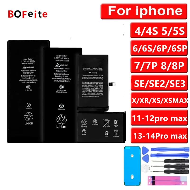

Original High Quality Battery For iPhone X XR XS 11 12 13 Mini 14 Pro Max Replacement Bateria for apple 5 6S 6Plus 7 8plus