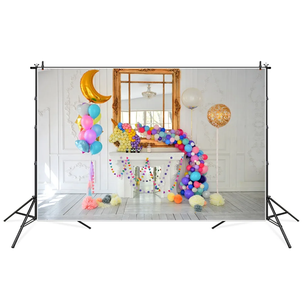 

Birthday Party Photography Backgrounds Crescent Balloons Window White Wall Wooden Floor Children Backdrops Photographic Portrait