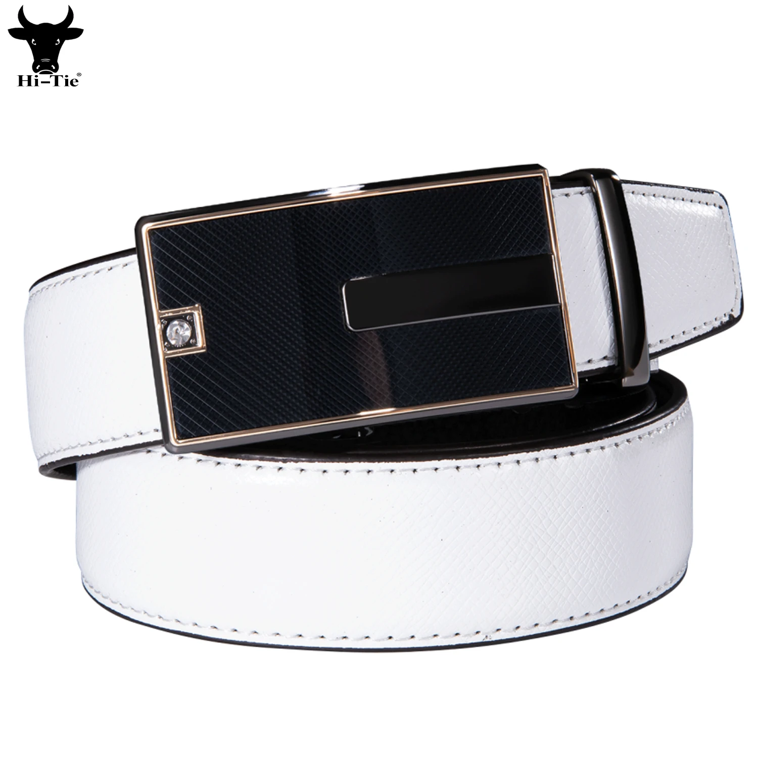 Hi-Tie White Real Leather Mens Belts Black Automatic Buckles Ratchet Vintage Waistband Belt for Men Jeans Dress Wedding Business