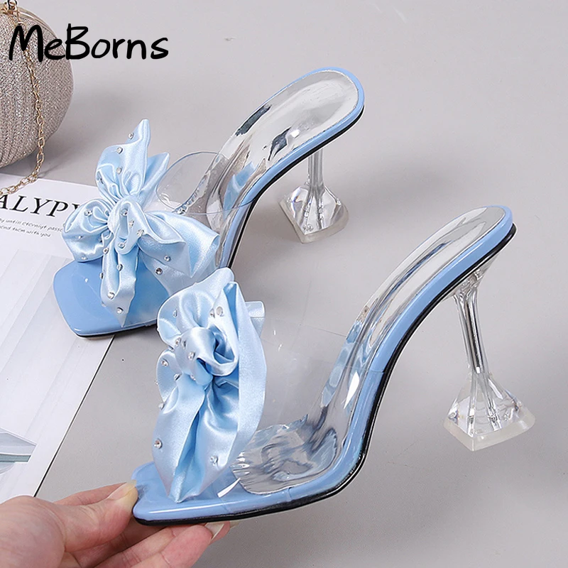 

2022 New Fashion Crystal Bow High Heels Slippers Shoes Woman Sexy PVC Transparent Sandals Women Slides Open Toe Pumps Blue Black