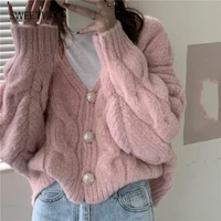 warm sweater women v neck solid thick outwear 2020 autumn winter tender sweet girl loose knitted cardigan female tops fashion